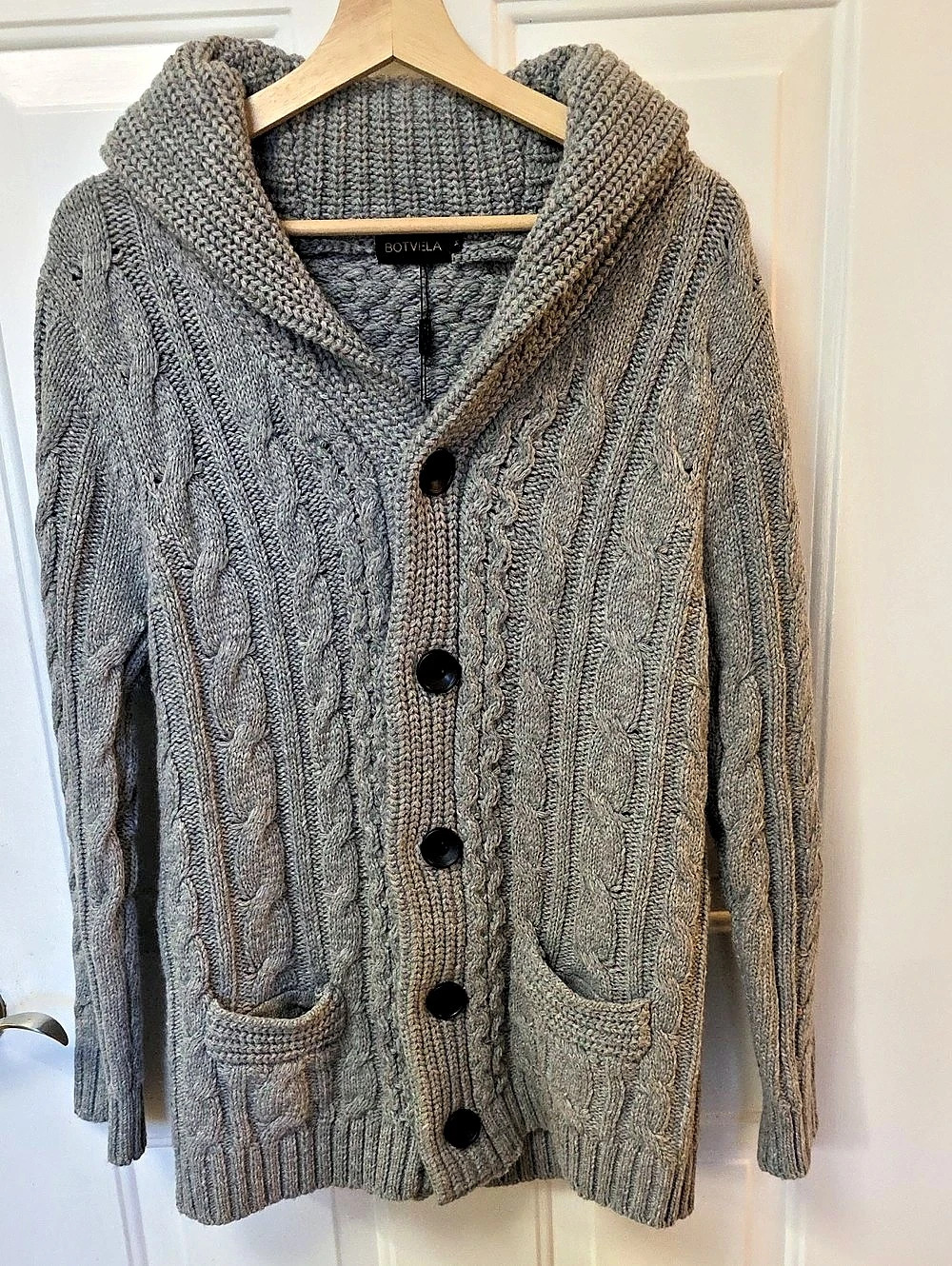 Botvela Men's Shawl Collar Cable Knit Cardigan Sweater Gray